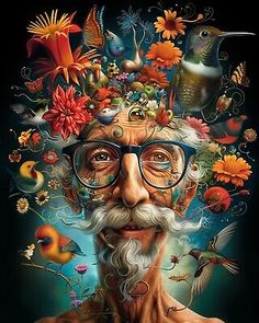 an old man with glasses and flowers on his head is surrounded by birds, flowers, and other things