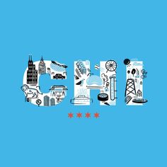 the word city is made up of different types of items and symbols on a blue background