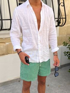 Men Aesthetic Beach Outfit, Men’s Italian Fashion Summer, Summer Beach Outfits Men 2023, Aesthetic Fits For Guys Summer, Greece Outfit Aesthetic Men, Causal Formal Outfits Men, Mens Linen Aesthetic, French Summer Fashion 2023, Linen Shirt Men Casual Summer Outfit