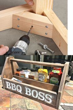 a person using a drill to fix a wooden box with bbq boss on it