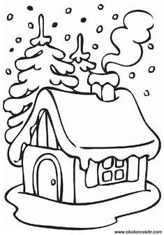 a black and white drawing of a house with snow on the roof, surrounded by trees