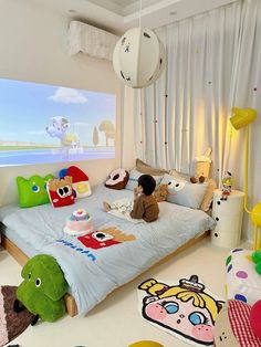 a child's bedroom with stuffed animals on the bed and toys in the room