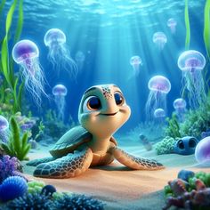 an animated turtle is sitting on the sand in front of jellyfish and seaweed