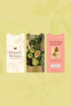 three bookmarks with different fruits and vegetables in them on a light yellow background,