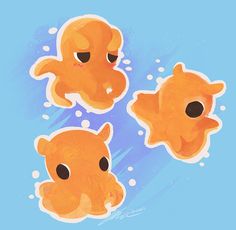 three orange bears floating in the water with bubbles on their heads and eyes, looking like they're swimming