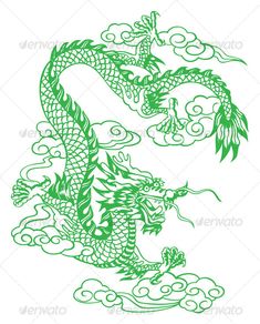 a green chinese dragon with clouds in the background - tattoos decoratives on body art