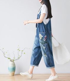 Floral Loose Denim Casual Spring Denim Overall Women Jumpsuits Denim Jumpsuits, Spring Denim, Loose Jumpsuit, Pattern Flower, Denim Cotton, Loose Pants, Organic Cotton Fabric, Ankle Length Pants, Denim Jumpsuit