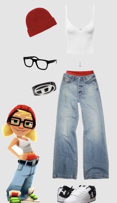 a woman in white shirt and jeans with glasses on her head, hat and shoes