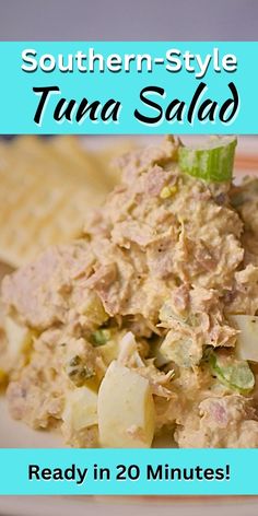 a white plate topped with potato salad next to tortilla chips