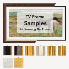 the tv frame samples for samsung the frame are shown in different colors and sizes, including gold