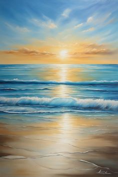 an oil painting of the sun setting over the ocean