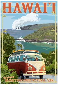 an old style bus is driving down the road by the water and mountains with trees