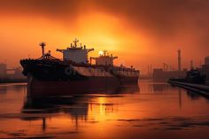 A tanker ship leaves an industrial port at sunset. The silhouette of the ship and pipes against the orange and pink sky stock photography Tanker Ship, Sky Illustration, Photography Sky, Sunset Silhouette, Orange And Pink, The Ship, Pink Sky