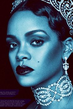 a woman wearing a tiara and jewelry in front of a black background with the words,