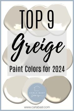 the top 9 greige paint colors for 2020 with text overlaying it