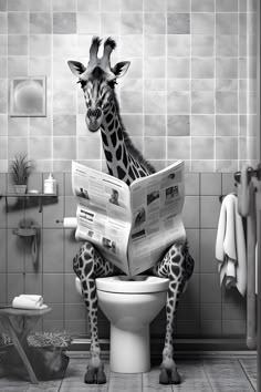 a giraffe sitting on top of a toilet reading a newspaper in a bathroom