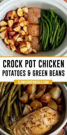 Overhead look at Crock pot chicken potatoes and green beans. Crockpot Chicken Green Beans And Potatoes, Chicken Green Beans Potatoes Crockpot, Easy Dinner Recipes For Family Healthy Crock Pot, Crockpot Recipes Chicken And Potatoes, Chicken Vegetable Crockpot Recipes, Chicken Potato Green Beans Crockpot, Healthy Chicken Crock Pot Meals, Crock Pot Chicken Potatoes Green Beans, Chicken And Vegetable Crockpot Recipes