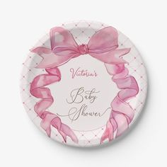 a plate with pink ribbons on it that says, valentine's baby shower