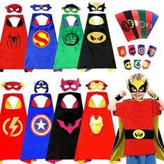 children's capes and masks are shown in different colors