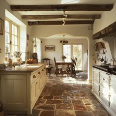 the kitchen is clean and ready to be used as a dining room or family room