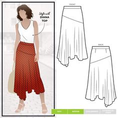 "It is all about the hemline and this skirt won't disappoint, it has a floaty unusual asymmetrical hemline that falls softly from a shaped yoke and waistband fastened with a side zipper. Skill Level: Easy / Medium Sizes: 4-16 or 18 to 30 New, uncut paper pattern Fabric Suggestions : Silk, rayon, crepe de chine \"A great pattern which is easy to sew. I made it out of a denim-look cupro and it hangs well and goes well with T-shirts. I will make another out of rayon.\"" Asymmetrical Skirt Pattern, Sewing Patterns Skirt, Style Arc, Ukrainian Clothing, Skirt Sewing Pattern, Skirt Sewing, Women Crafts, Diy Skirt, Skirt Patterns Sewing