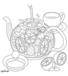 a tea pot filled with fruits and vegetables