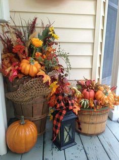 three different pictures of pumpkins and other decorations on a porch with the words fall in front of them