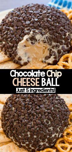 chocolate chip cheese ball with pretzels on top