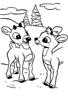 two deers standing next to each other with trees in the background