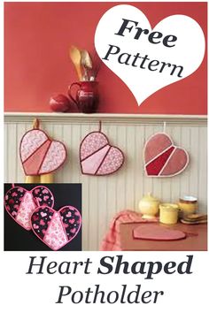 the heart shaped potholders are hanging on the wall and there is a free pattern