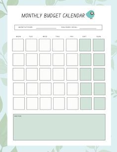 a printable calendar with green leaves on the side and blue sky in the background