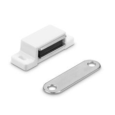 an image of a white stapler with a metal clip on the front and side