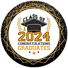 the class of 202 graduation badge is shown in gold and black with stars around it