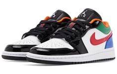 The "Multi-Color" is a new addition to the Nike Air Jordan 1 Low lineup. While the base is constructed with white mesh, leather overlays in black, blue and green accentuate the upper. Red Swooshes and an orange sockliner are also added to the mix. A black tongue and rubber sole finish the design. White Sporty Sneakers With Contrast Color, Sporty White Sneakers With Contrast Color