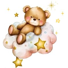 a brown teddy bear sitting on top of a cloud with stars in the sky behind it