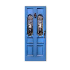 a blue door with two glass panels and a light fixture on the top one side