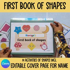 the first book of shapes for children is in front of a yellow background with two hands holding