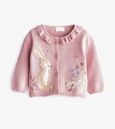 Fame Clothes, Ballet Inspired Fashion, Knit Bunny, Frill Collar, Bunny Embroidery, Knit Baby Dress, Infant Clothes, Embroidery Detailing, Adorable Bunny