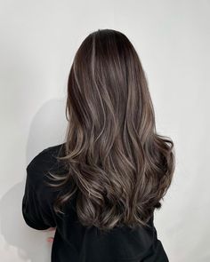 Half Balayage Black Hair, Dark Hair With Partial Balayage, Chocolate Ash Balayage, Ashy White Balayage, Light Cool Brown Balayage, Dark Balayage Long Hair, Brown One Color Hair, Brown Hair With Sandy Highlights, Hair Dye For Layered Hair