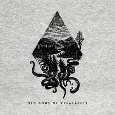 an octopus is in the middle of a triangle with mountains and trees on it, as if