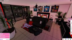 a virtual view of a living room with couches, tables and pictures on the wall