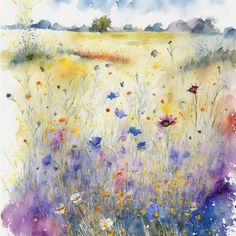 a watercolor painting of wildflowers in a field