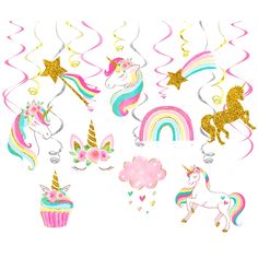 the unicorns and rainbows are all over the white background with gold confetti