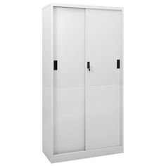 a white cabinet with two doors and black handles