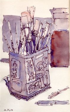 an artistic drawing of brushes in a container