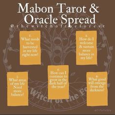 a poster with some words on it that say, mabon tarot & oracle spread