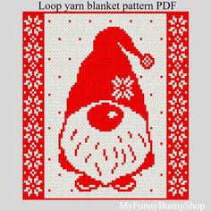 a red and white cross stitch pattern with an image of a gnome