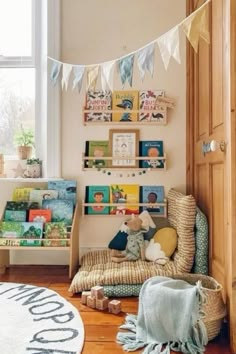 a child's room with bookshelves and toys