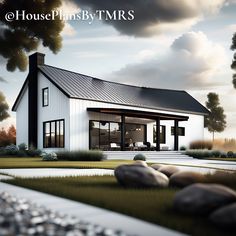 a rendering of a modern house in the middle of a grassy area with rocks and trees