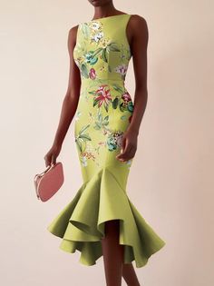 Green Floral Boat Neck Sleeveless Mermaid Midi Dress | fehaute Sleeveless Stretch Midi Dress With Floral Print, Stretch Sleeveless Midi Dress With Floral Print, Green Bodycon Sleeveless Dress For Spring, Green Floral Print Sleeveless Dress For Party, Elegant Sleeveless Stretch Dress For Spring, Fitted Sleeveless Midi Dress For Spring, Elegant Stretch Sleeveless Dress For Spring, Elegant Spring Sleeveless Stretch Dress, Fitted Midi Length Sleeveless Dress For Spring